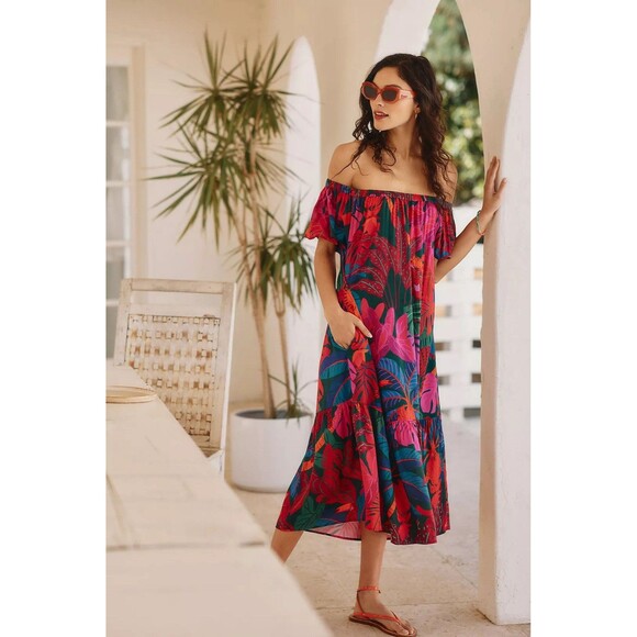 Farm Rio Off Shoulder Dress Coverup Anthropologie Tropical Leaf Tiered Siz M NEW - Picture 1 of 10